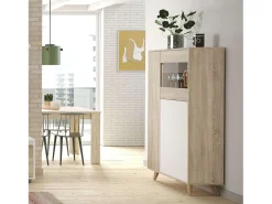 Vitrine Kikua com 3 portas, carvalho canadense e branco artik, 142x77x33 cm