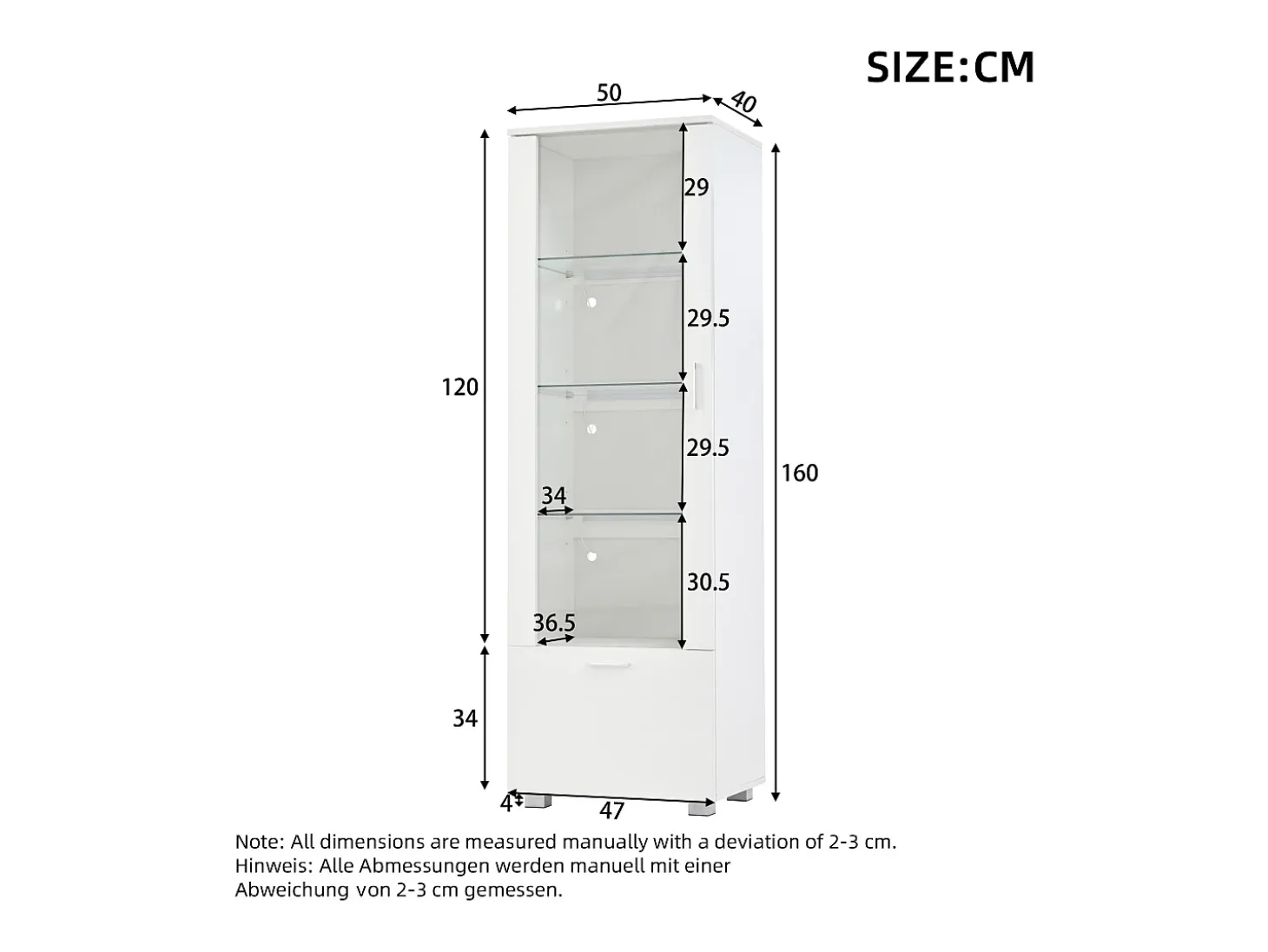 Vitrine LED branca com portas em acrílico e 3 prateleiras, 50x40x160 cm