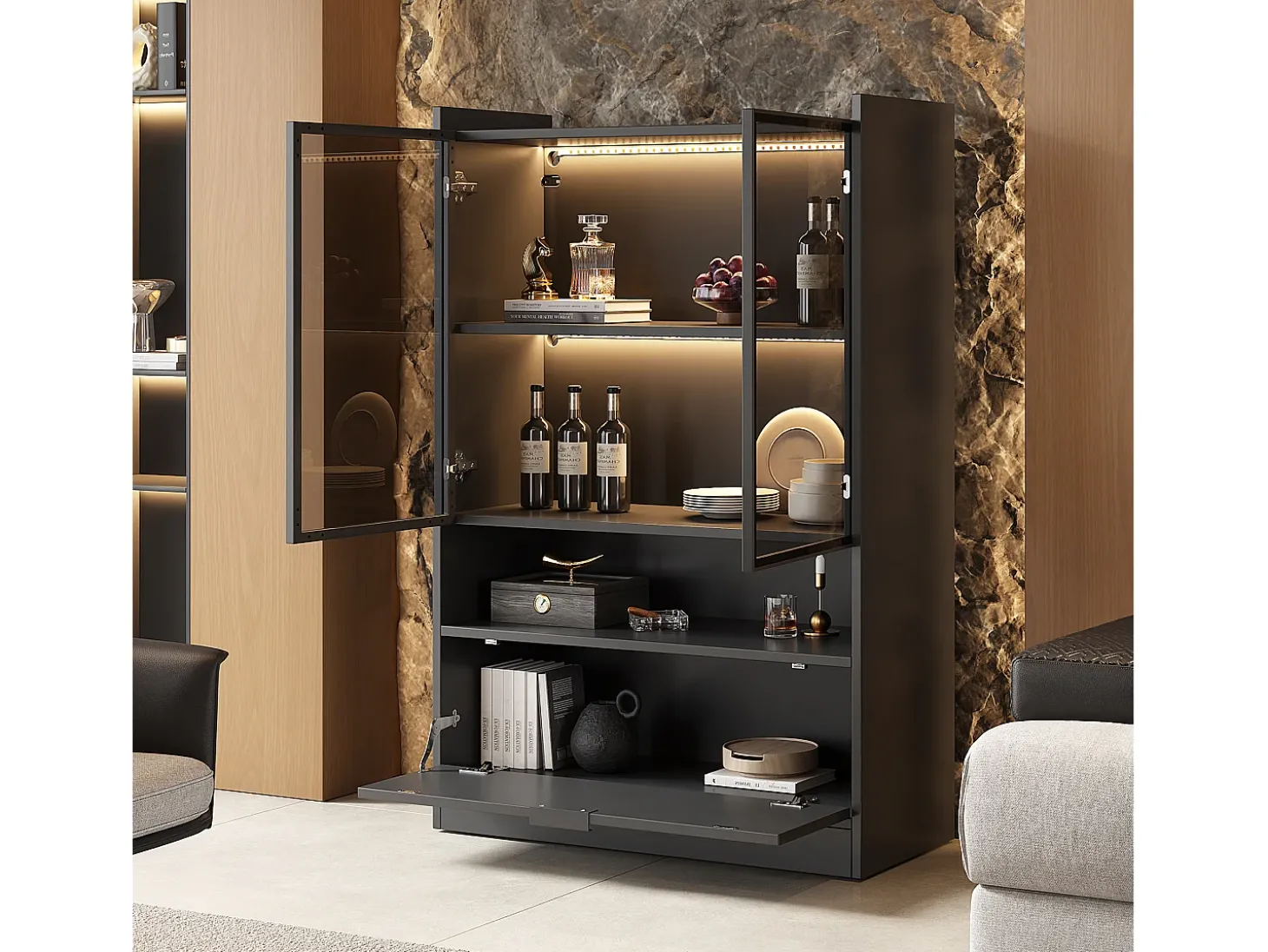 Vitrine LED moderna 80x120x35 cm - com iluminação LED 16 cores - com 2 portas de vidro - com compartimentos de armazenamento - Preto