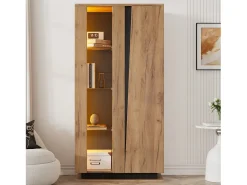 Vitrine moderna - 80 x 35 x 160 cm - com 8 prateleiras + 2 portas + LEDs - aglomerado - natural