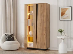 Vitrine moderna - 80 x 35 x 160 cm - com 8 prateleiras + 2 portas + LEDs - aglomerado - natural
