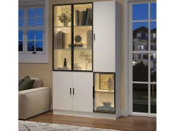 Vitrine moderna - 120 x 35 x 200 cm - com 3 portas de vidro + LEDs - MDF + vidro - branca