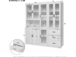 Vitrine moderna branca, 200 cm, 8 portas e 3 gavetas, com iluminação LED para sala de estar.
