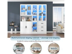 Vitrine moderna branca, 200 cm, 8 portas e 3 gavetas, com iluminação LED para sala de estar.