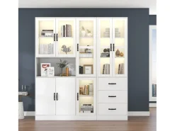 Vitrine moderna branca, 200 cm, 8 portas e 3 gavetas, com iluminação LED para sala de estar.