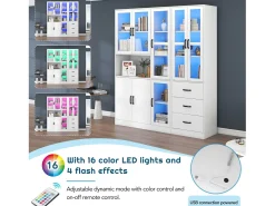Vitrine moderna branca, 200 cm, 8 portas e 3 gavetas, com iluminação LED para sala de estar.