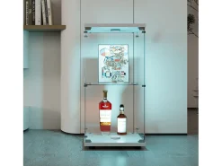 Vitrine moderna de vidro com 2 prateleiras de vidro, 1 porta, iluminação LED e fechadura, 86x40,4x36,5cm, branca.