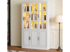 Vitrine moderna de vidro - 121,5 x 41 x 200 cm - com 6 portas + LEDs - MDF - branca