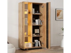 Vitrine moderna para sala de estar - 80 x 35 x 160 cm - com 8 prateleiras + 2 portas de acrílico + LEDs - aglomerado - cor natural