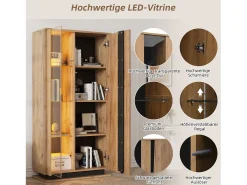 Vitrine moderna para sala de estar - 80 x 35 x 160 cm - com 8 prateleiras + 2 portas de acrílico + LEDs - aglomerado - cor natural