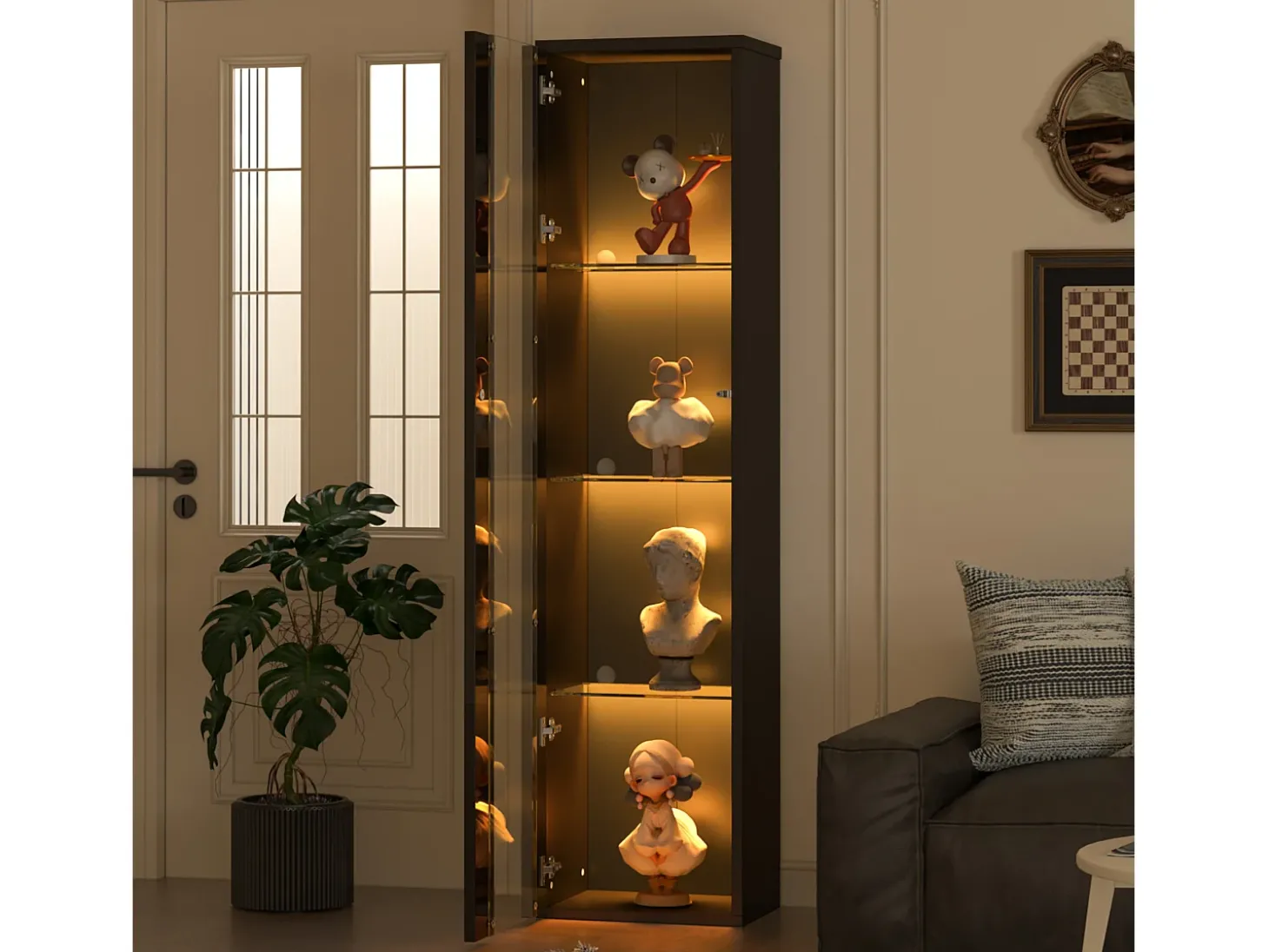 Vitrine multifuncional - 40 x 29 x 170 cm - com porta de vidro + LEDs - PB + Vidro - preto