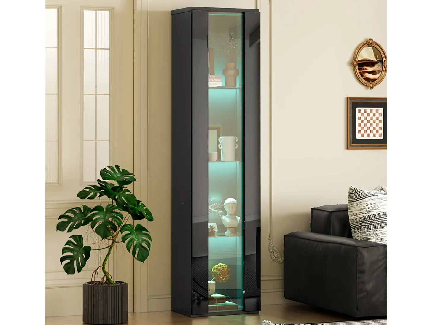 Vitrine multifuncional - 40 x 29 x 170 cm - com porta de vidro + LEDs - PB + Vidro - preto
