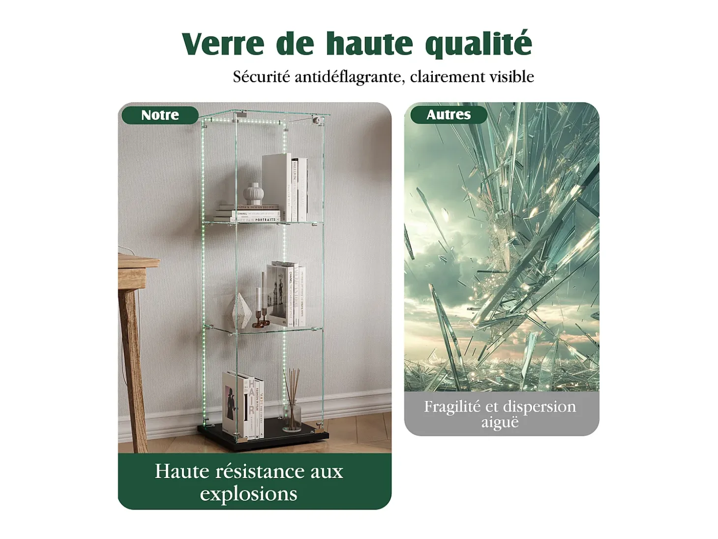 Vitrine única – 3 níveis, fundo preto, acabamento transparente