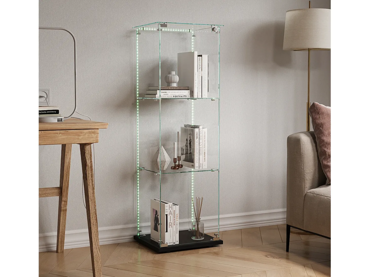 Vitrine única – 3 níveis, fundo preto, acabamento transparente