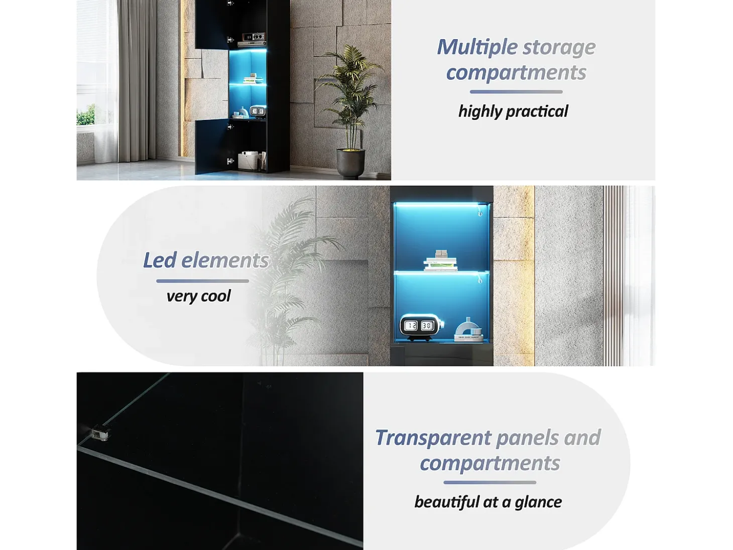Vitrine preta brilhante com iluminação LED - Armário alto para sala de estar - Armário de armazenamento - 45x35x160 cm