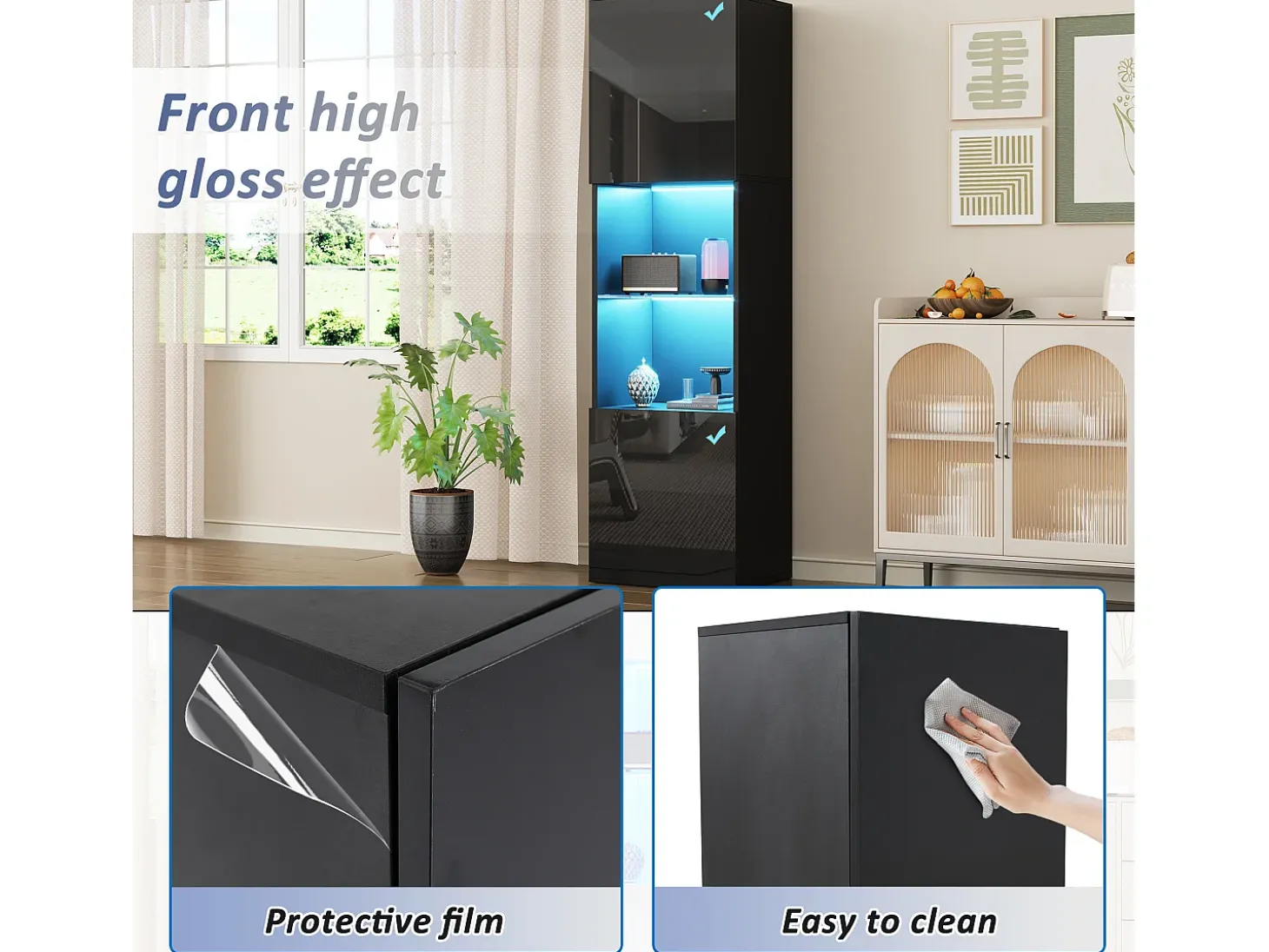 Vitrine preta brilhante com iluminação LED - Armário alto para sala de estar - Armário de armazenamento - 45x35x160 cm