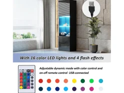 Vitrine preta brilhante com iluminação LED - Armário alto para sala de estar - Armário de armazenamento - 45x35x160 cm