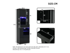 Vitrine preta com 1 gaveta, 4 portas e iluminação LED, prateleiras em vidro, 55x38x170 cm