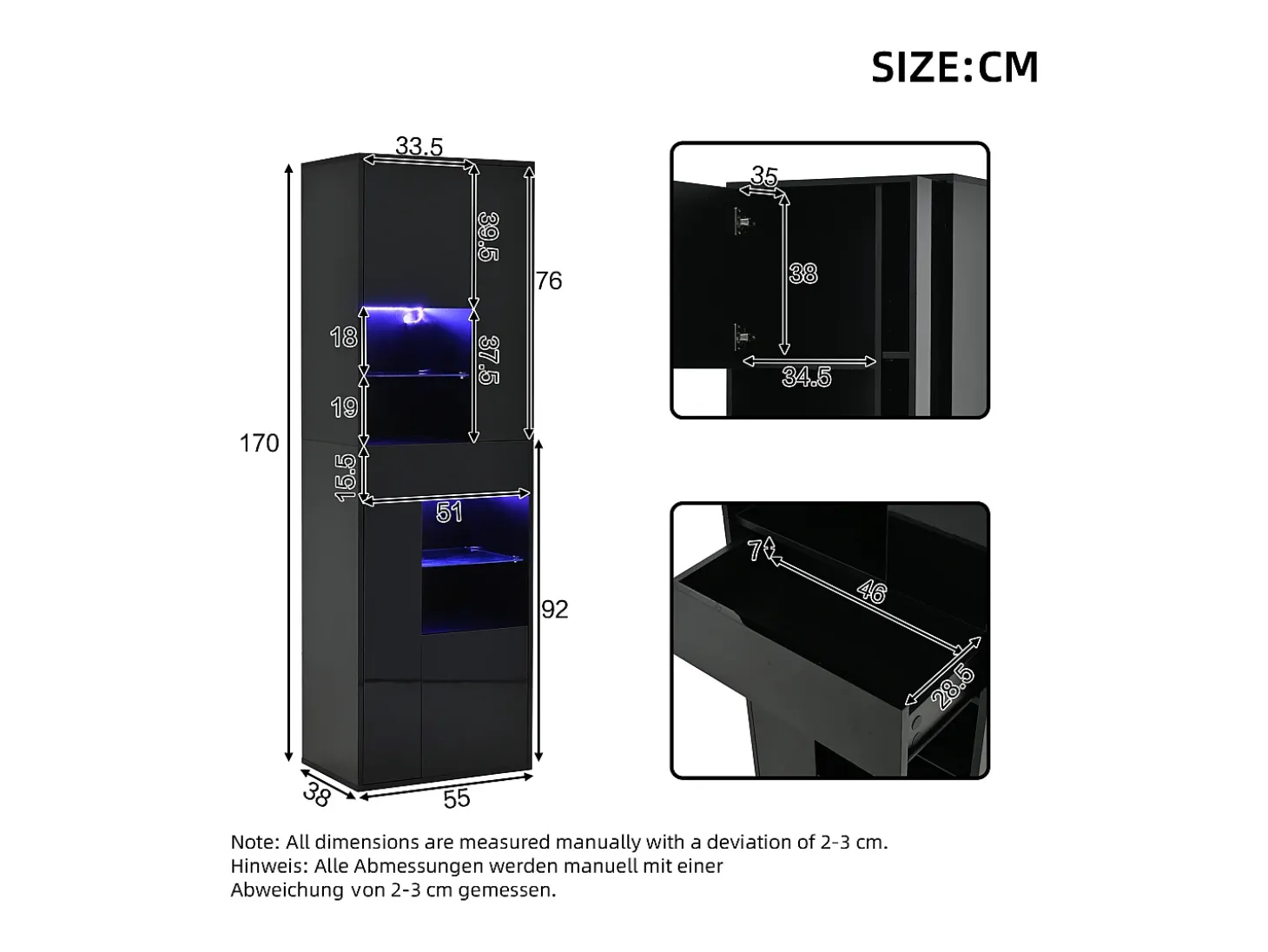 Vitrine preta com 1 gaveta, 4 portas e iluminação LED, prateleiras em vidro, 55x38x170 cm