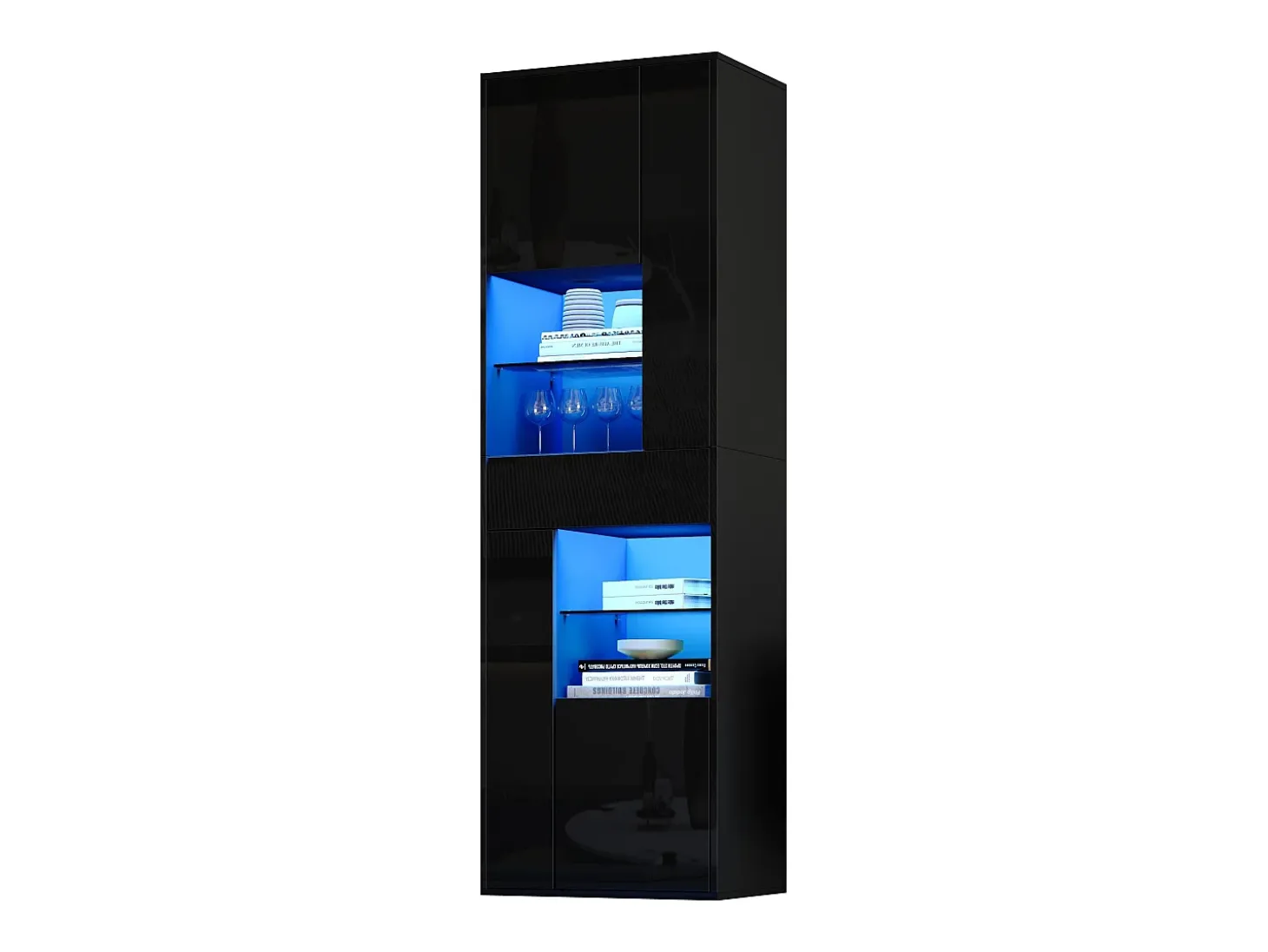 Vitrine preta com 1 gaveta, 4 portas e iluminação LED, prateleiras em vidro, 55x38x170 cm