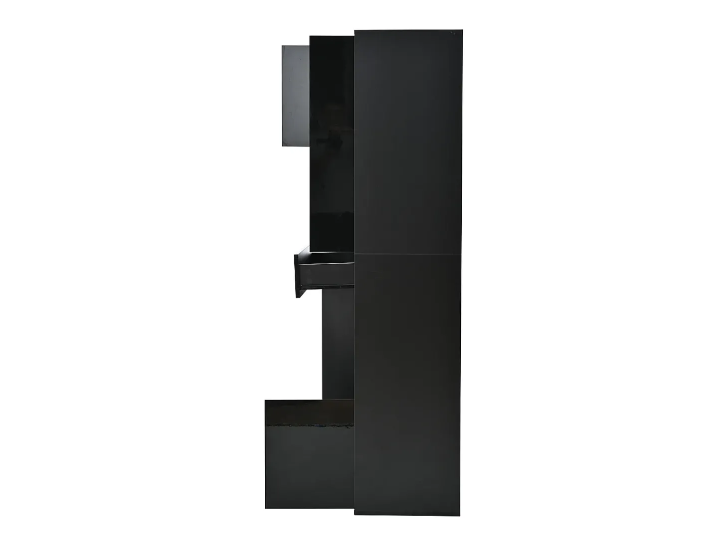 Vitrine preta com 1 gaveta, 4 portas e iluminação LED, prateleiras em vidro, 55x38x170 cm