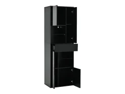 Vitrine preta com 1 gaveta, 4 portas e iluminação LED, prateleiras em vidro, 55x38x170 cm