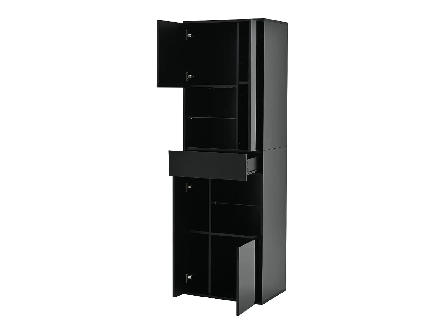 Vitrine preta com 1 gaveta, 4 portas e iluminação LED, prateleiras em vidro, 55x38x170 cm