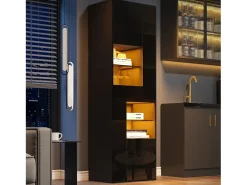 Vitrine preta com 1 gaveta, 4 portas e iluminação LED, prateleiras em vidro, 55x38x170 cm