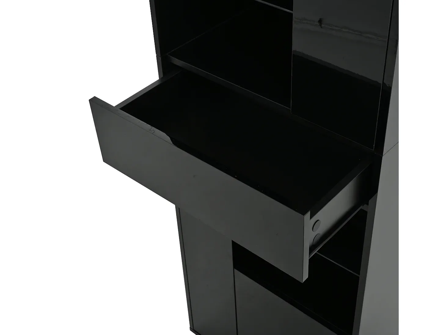 Vitrine preta com 1 gaveta, 4 portas e iluminação LED, prateleiras em vidro, 55x38x170 cm