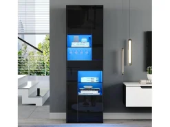 Vitrine preta com 1 gaveta, 4 portas e iluminação LED, prateleiras em vidro, 55x38x170 cm