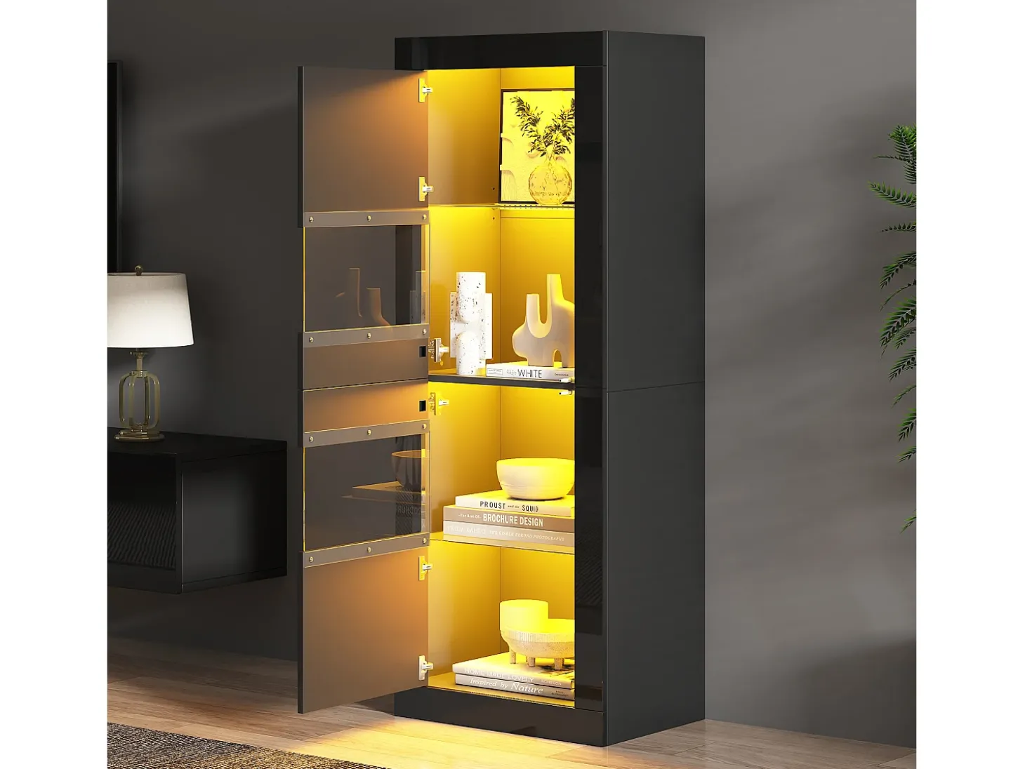 Vitrine preta com iluminação LED, prateleiras em vidro e 2 portas, 61x42x162 cm