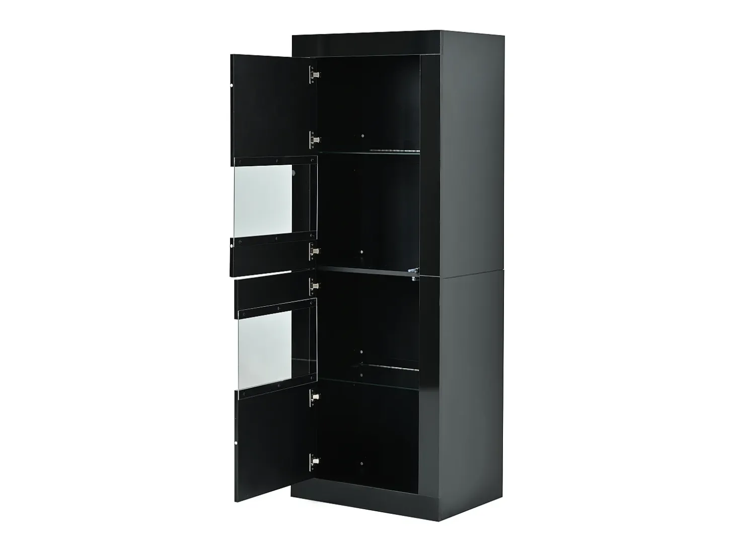 Vitrine preta com iluminação LED, prateleiras em vidro e 2 portas, 61x42x162 cm