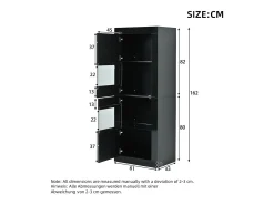 Vitrine preta com iluminação LED, prateleiras em vidro e 2 portas, 61x42x162 cm
