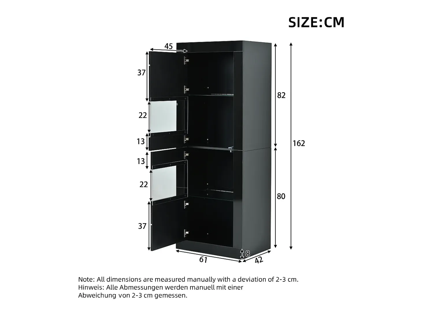 Vitrine preta com iluminação LED, prateleiras em vidro e 2 portas, 61x42x162 cm