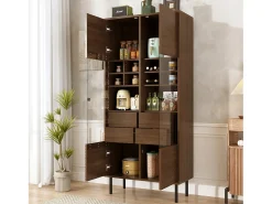 Vitrine reutilizável com acabamento em nogueira - 75,5 x 35 x 164,5 cm - frente de vidro + prateleira + gaveta oculta - MDF - cor natural