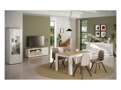 Vitrine SASHA – 1 porta e LED integrado – Branco laqueado e Carvalho Cadiz