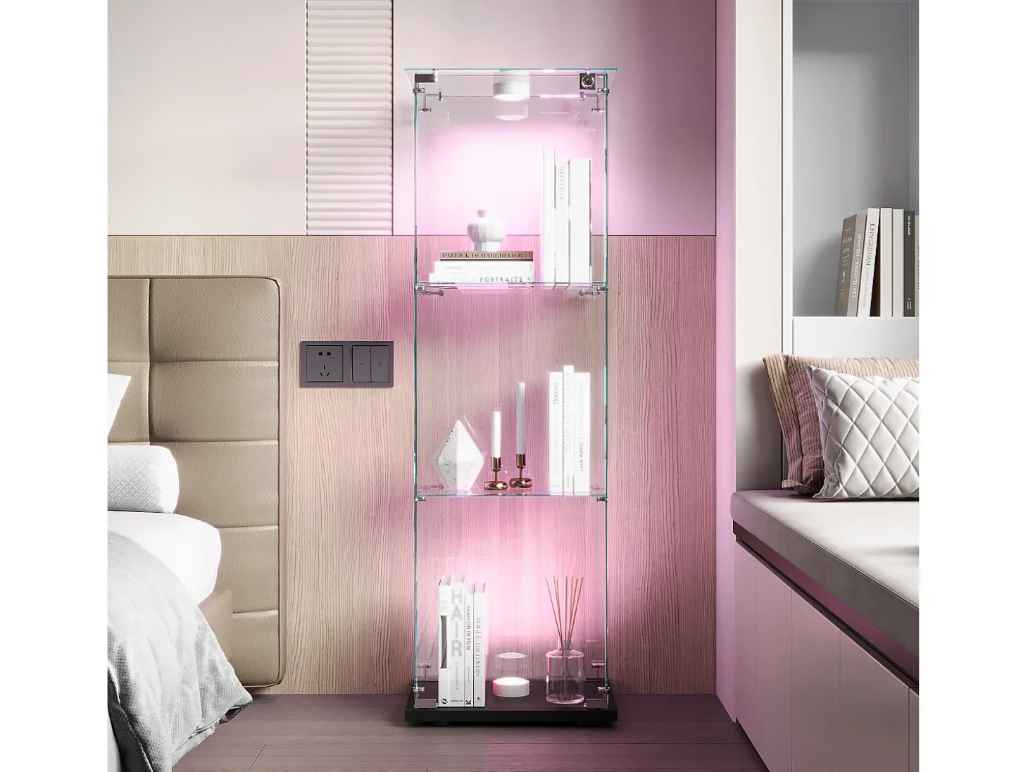 Vitrine simples aberta com três níveis + base preta com lacado incolor
