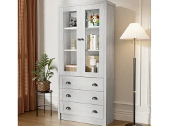 Vitrine 80x34x171 cm - com 2 portas de vidro - 3 gavetas - cinza + natural