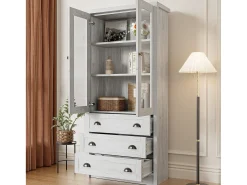 Vitrine 80x34x171 cm - com 2 portas de vidro - 3 gavetas - cinza + natural