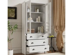 Vitrine 80x34x171 cm - com 2 portas de vidro - 3 gavetas - cinza + natural