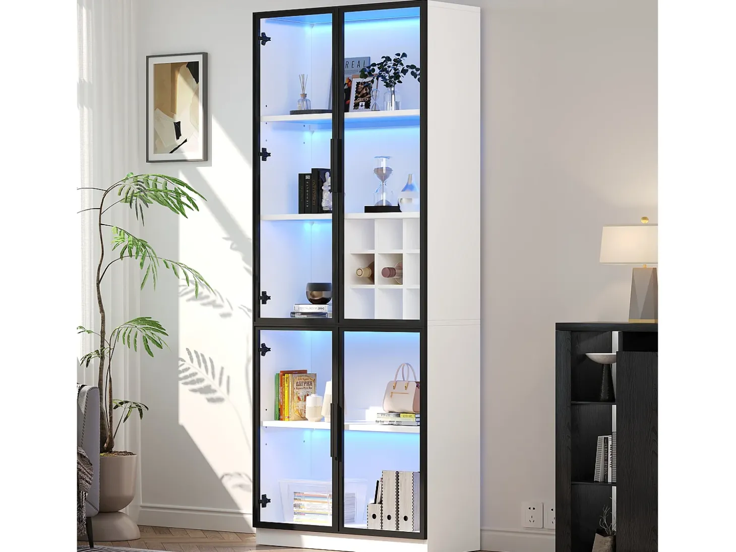 Vitrine 80x35x200 cm - com iluminação LED - com armazenamento para vinho - 2 portas de vidro - Branco