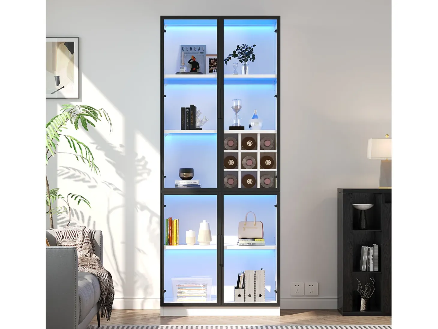Vitrine 80x35x200 cm - com iluminação LED - com armazenamento para vinho - 2 portas de vidro - Branco