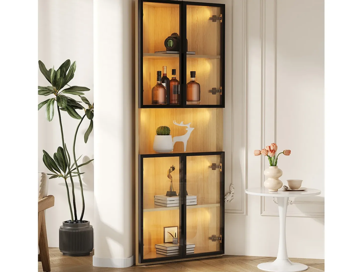 Vitrine 62x32x160 cm - con iluminação LED - 4 portas de vidro temperado - acabamento carvalho - MDF - Natural