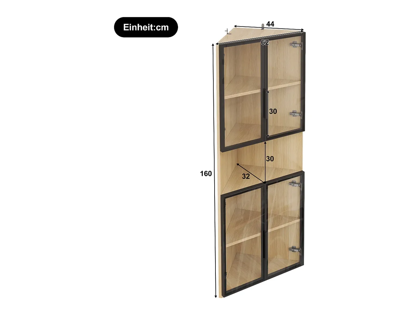 Vitrine 62x32x160 cm - con iluminação LED - 4 portas de vidro temperado - acabamento carvalho - MDF - Natural