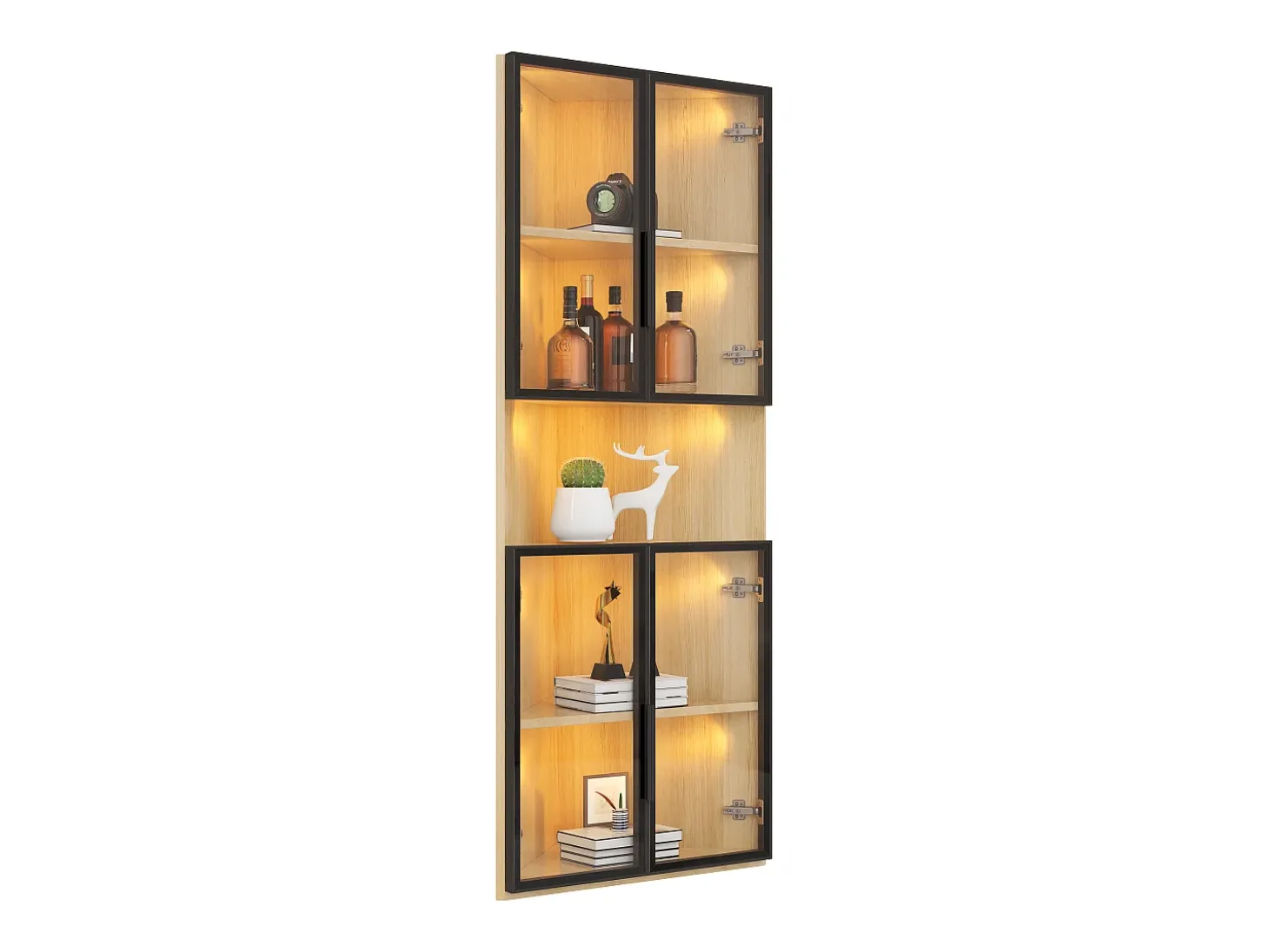 Vitrine 62x32x160 cm - con iluminação LED - 4 portas de vidro temperado - acabamento carvalho - MDF - Natural