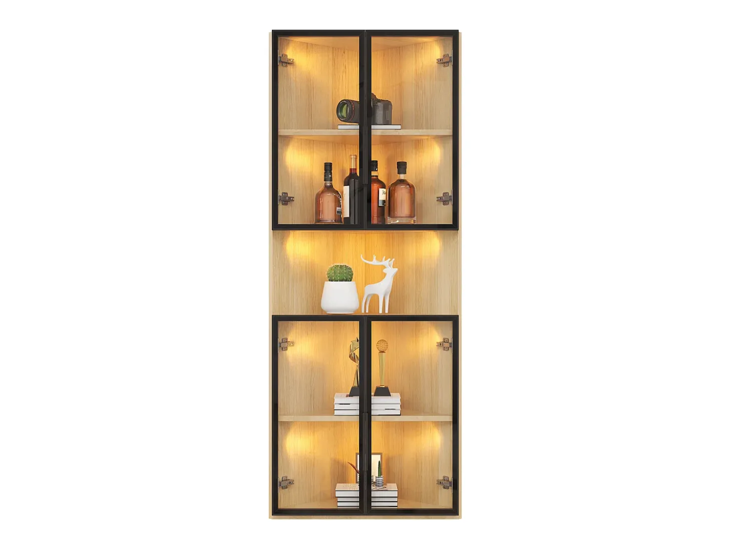 Vitrine 62x32x160 cm - con iluminação LED - 4 portas de vidro temperado - acabamento carvalho - MDF - Natural