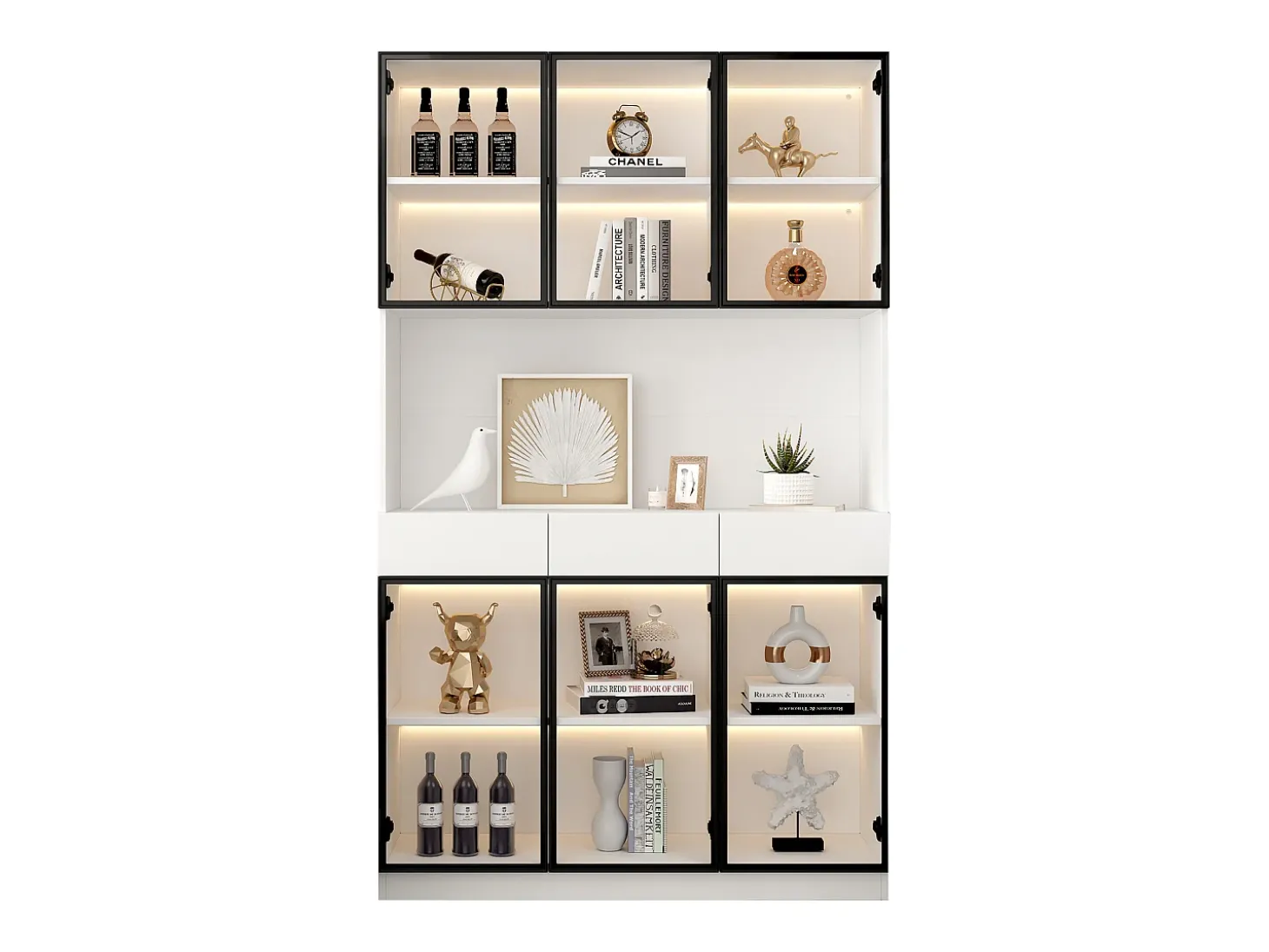 Vitrine 240x36x200 cm com LED - 12 portas de vidro e 6 gavetas - Branco