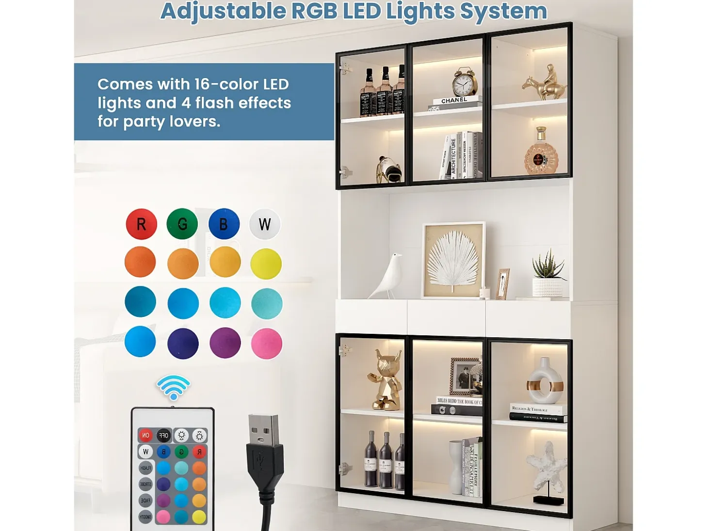 Vitrine 120x36x200 cm com LED - 6 portas de vidro e 3 gavetas - Branco