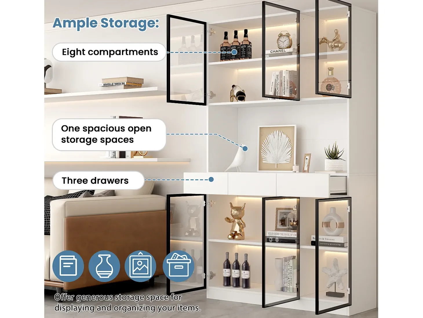 Vitrine 120x36x200 cm com LED - 6 portas de vidro e 3 gavetas - Branco