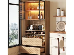 Vitrine 80x40x180 cm com LED - 2 portas e 2 gavetas - prateleiras abertas - Natural